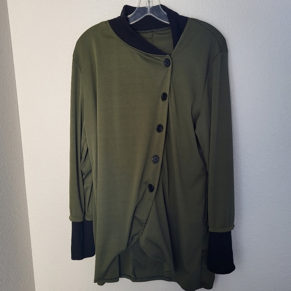 Source Unknown Tops - Asymmetrical Olive Green Jacket/Top with Black Trim Women's Size XL